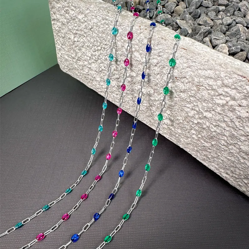 Sterling Silver Alternating Paperclip Chain Footage with Emerald Enamel